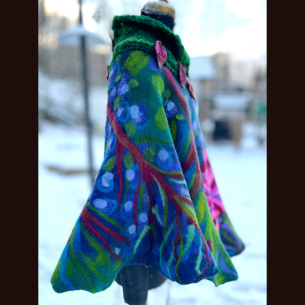 Felted cape coat with crochet collar