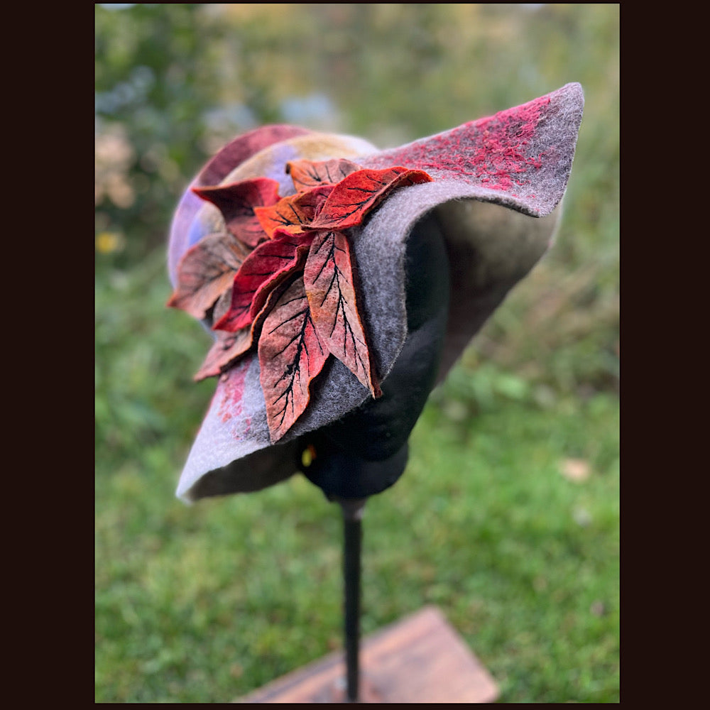 Felted top hat with leaves 24” medium large