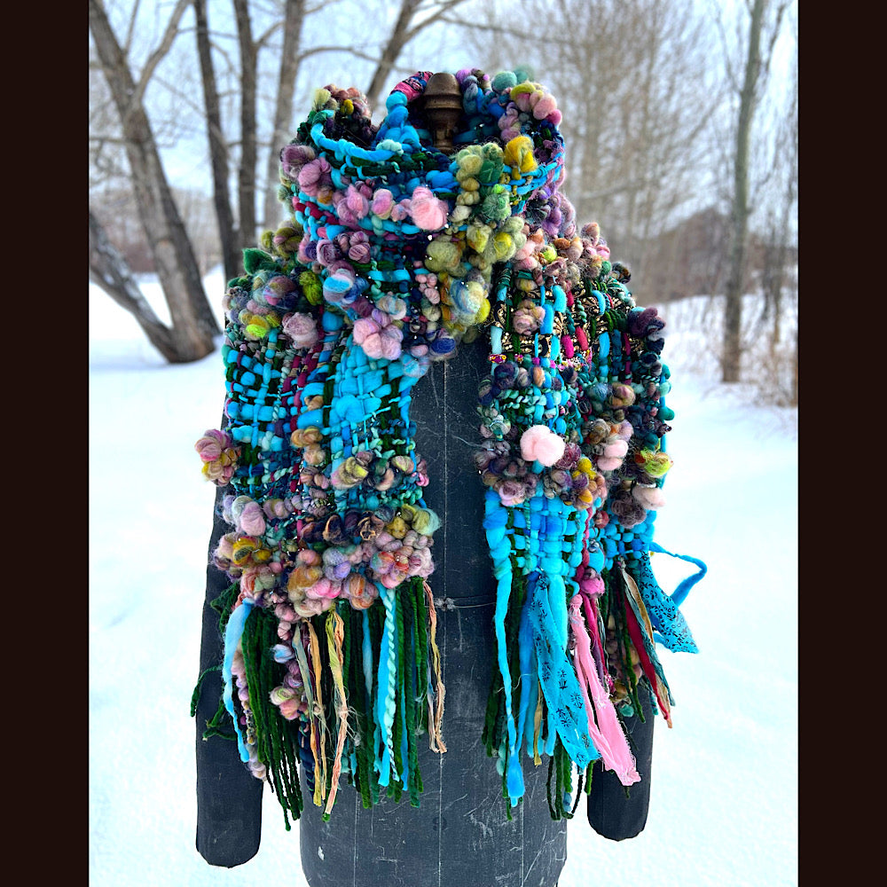 Woven scarf made of hand spun yarn 84” X 10”