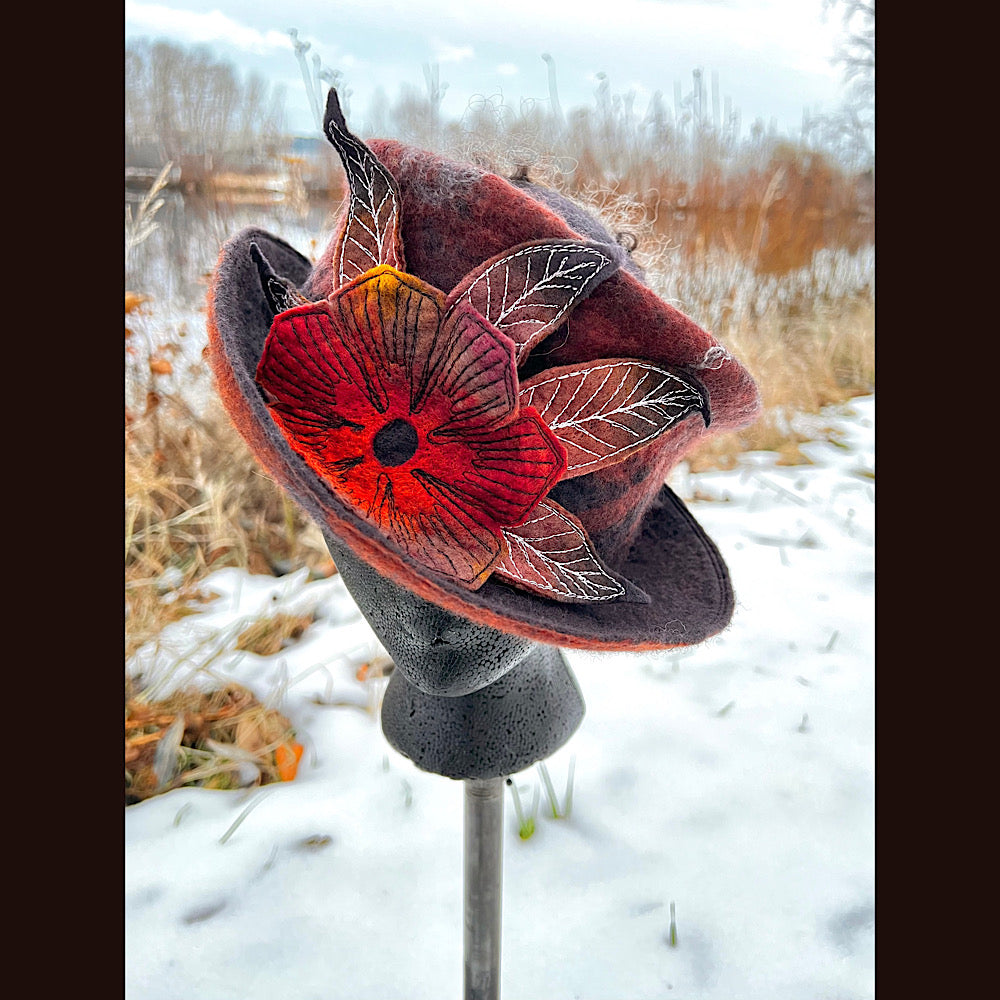 Felted top hat with rose 23” medium