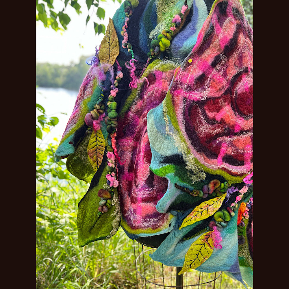 Wild Roses Large Felted Shawl 80” X 30”
