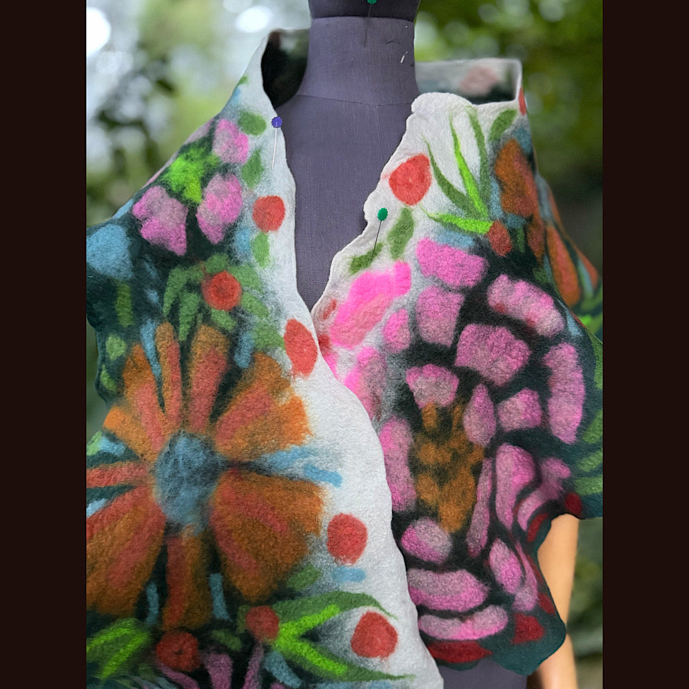 OOAK Handmade wool Felted Scarf 76” X 14”Original art work
