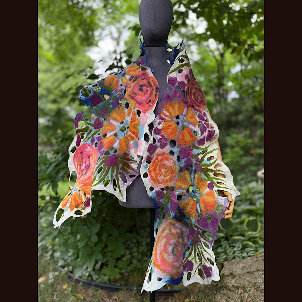 OOAK Handmade wool Felted Scarf 90” X 16” Original art work