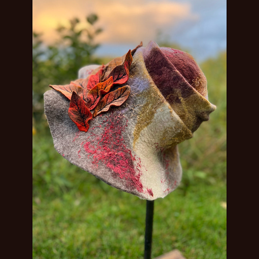Felted top hat with leaves 24” medium large