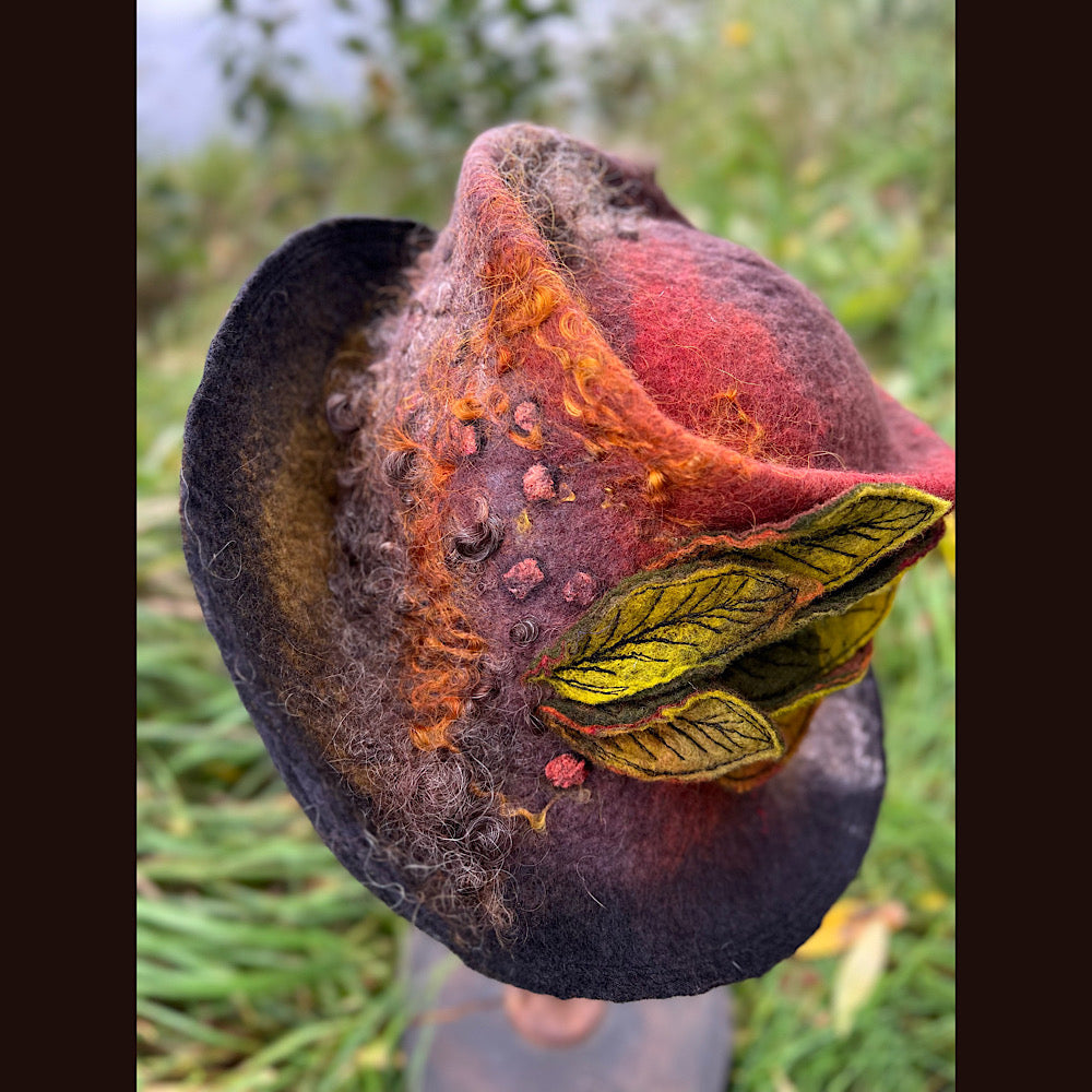 Felted top hat with leaves 23.5” medium