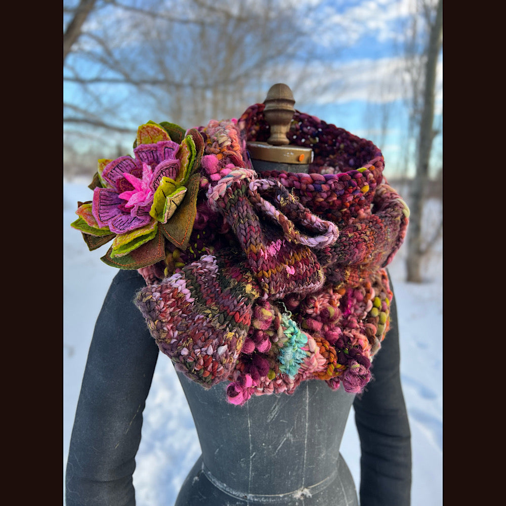 Knitted scarf made of hand spun yarn Flower included 84” X 14”