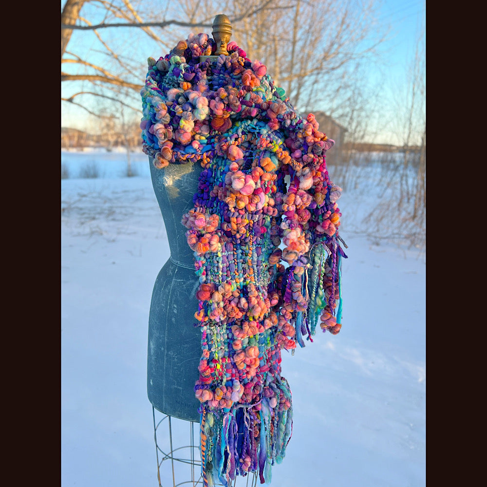 “Glorious innocence “ Woven scarf made of hand spun yarn 84” X 10”