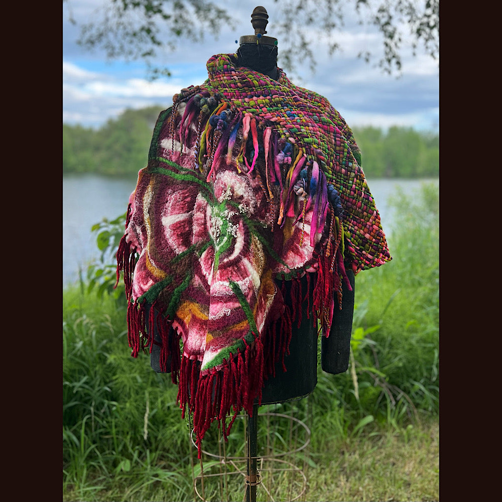Woven shawl with felted rose 70” X 25”