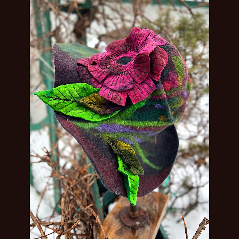 Felted top hat with rose 23” medium