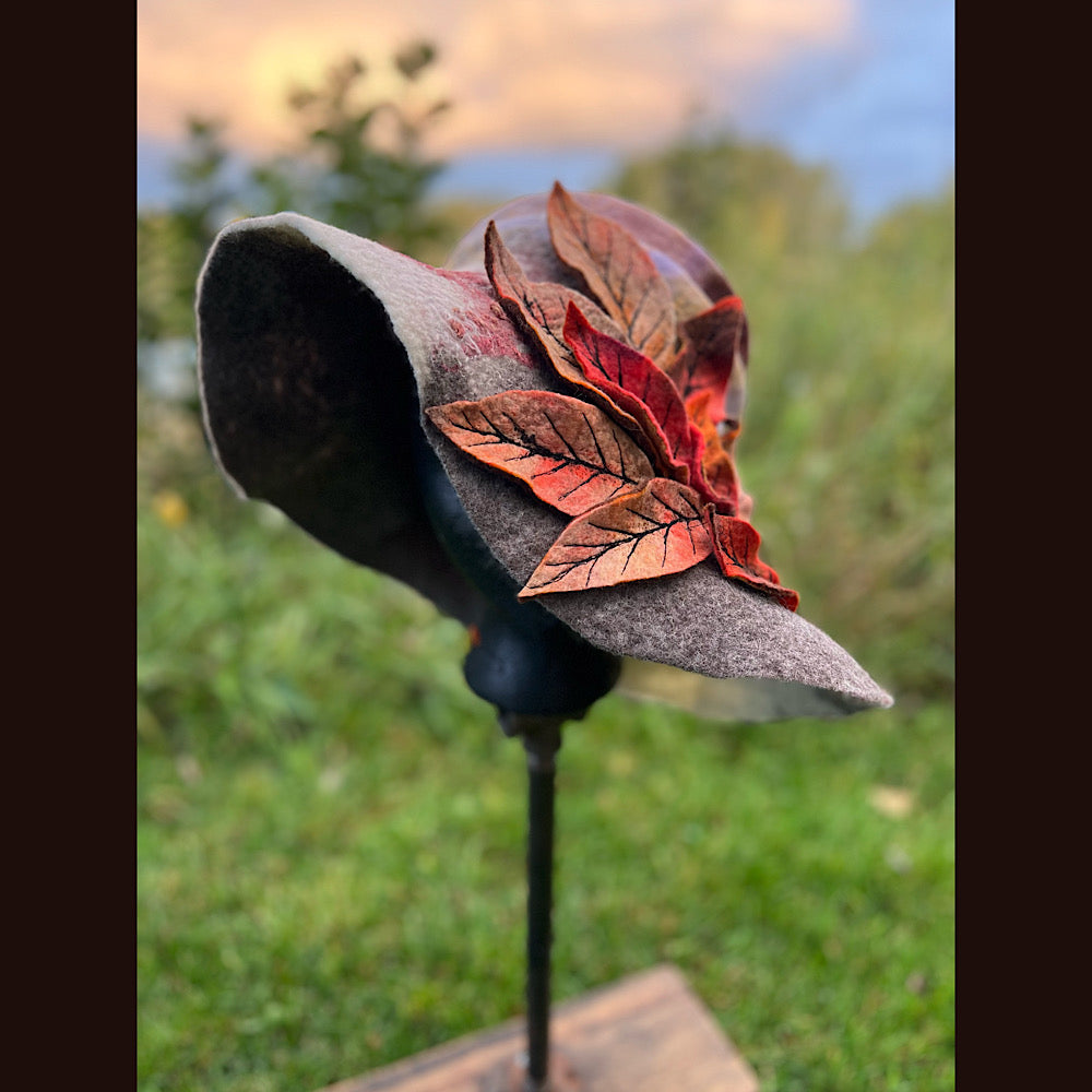 Felted top hat with leaves 24” medium large
