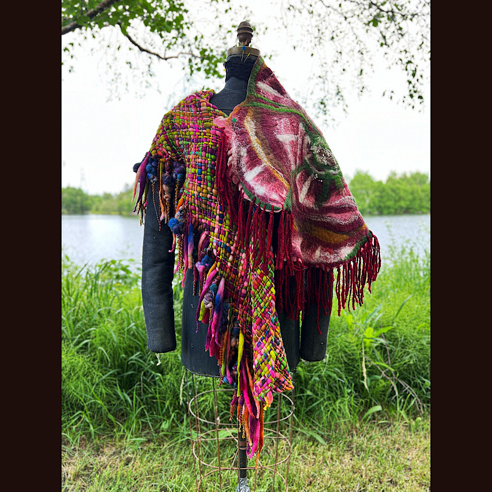 Woven shawl with felted rose 70” X 25”