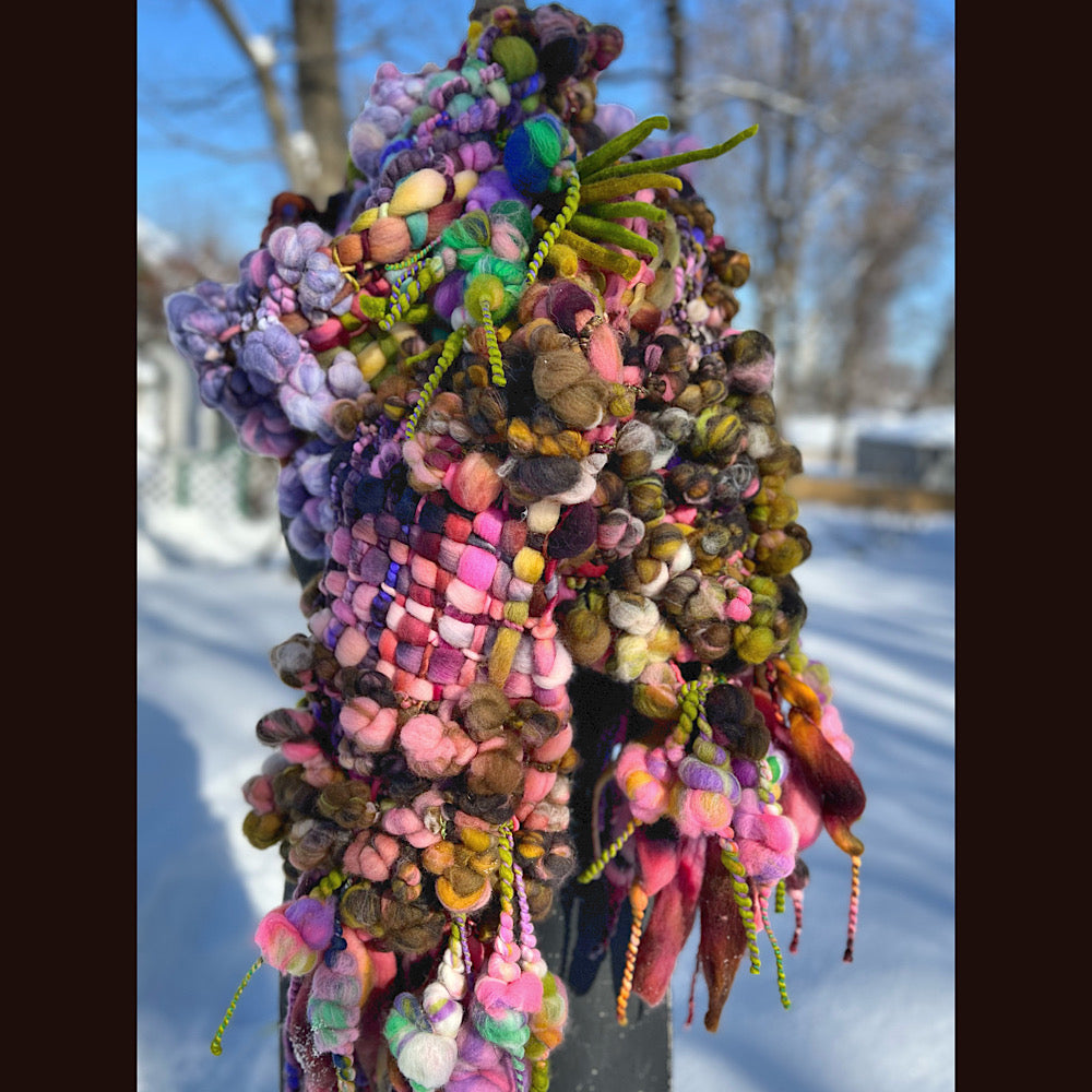 Velvet roses  woven art yarn Scarf 102” X 7 1/2”