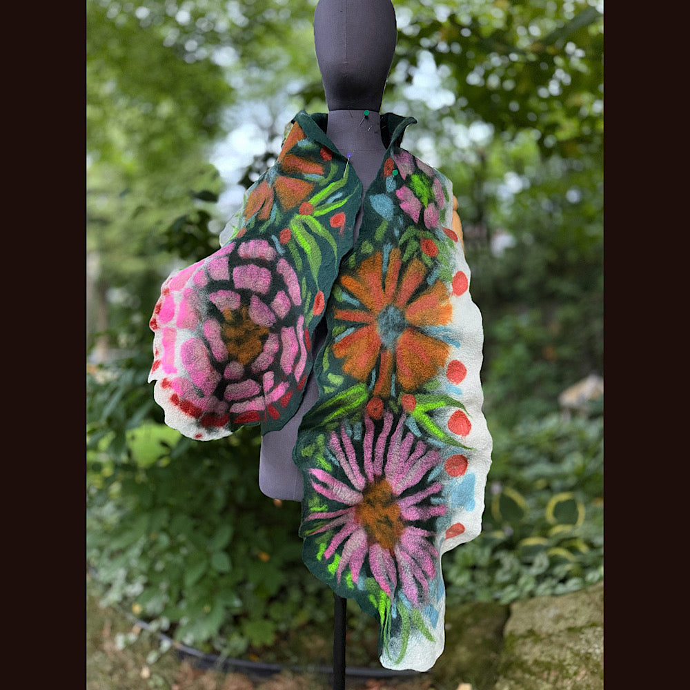 OOAK Handmade wool Felted Scarf 76” X 14”Original art work