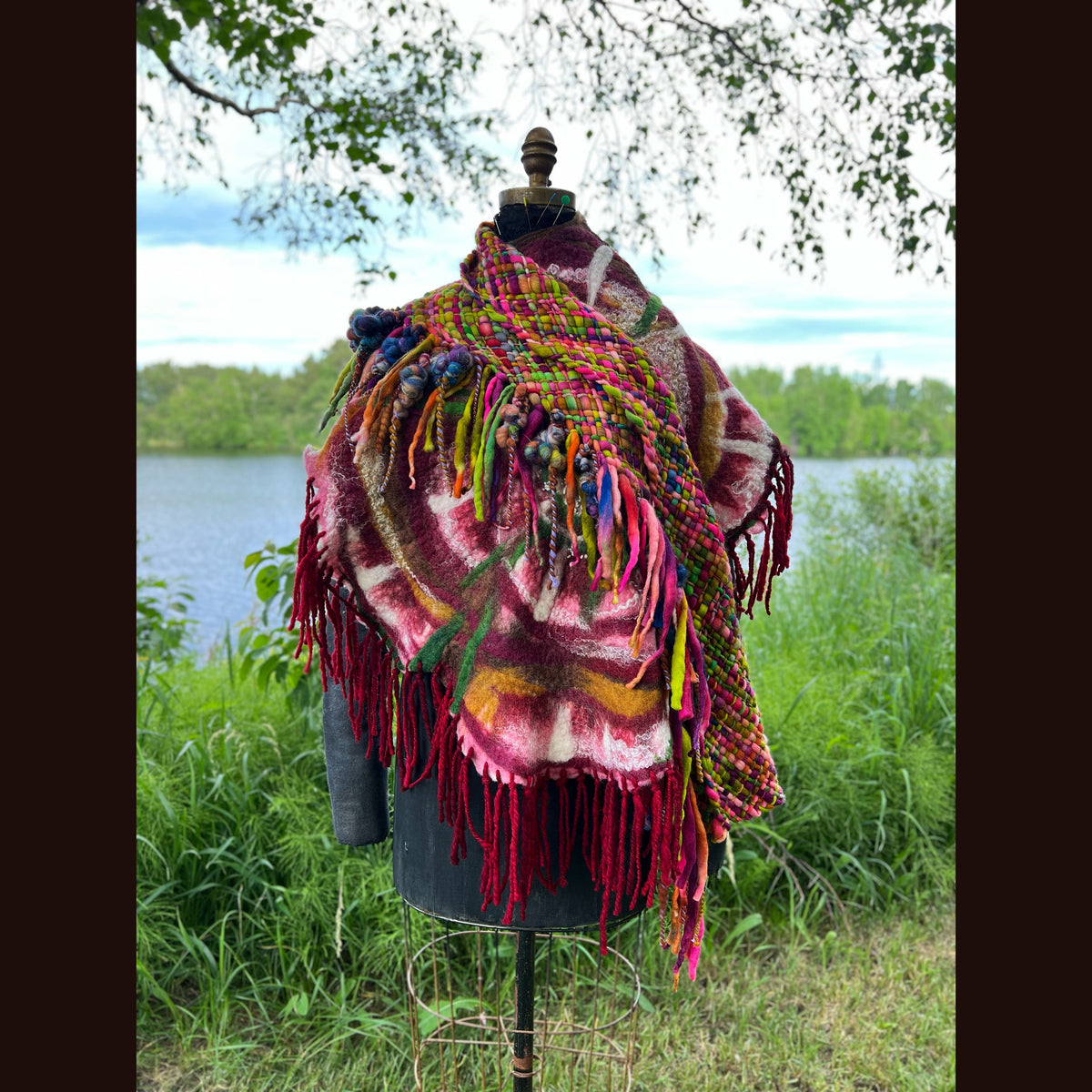 Woven shawl with felted rose 70” X 25”