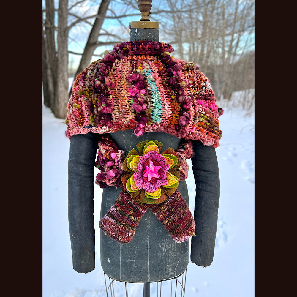 Knitted scarf made of hand spun yarn Flower included 84” X 14”