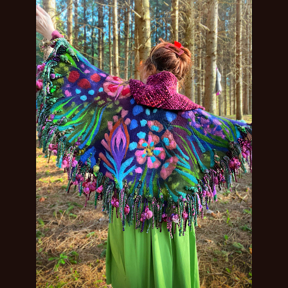 Felted cape with woven collar