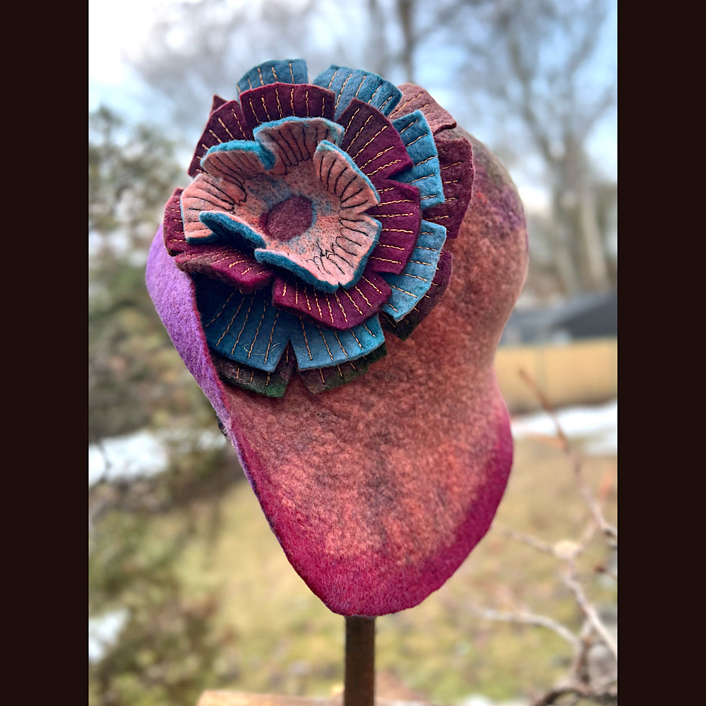 Felted cloche hat with flower 23” 1/2 medium