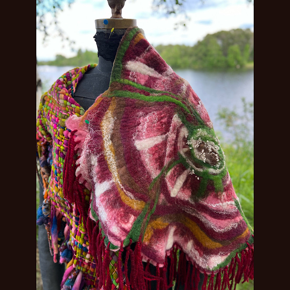 Woven shawl with felted rose 70” X 25”