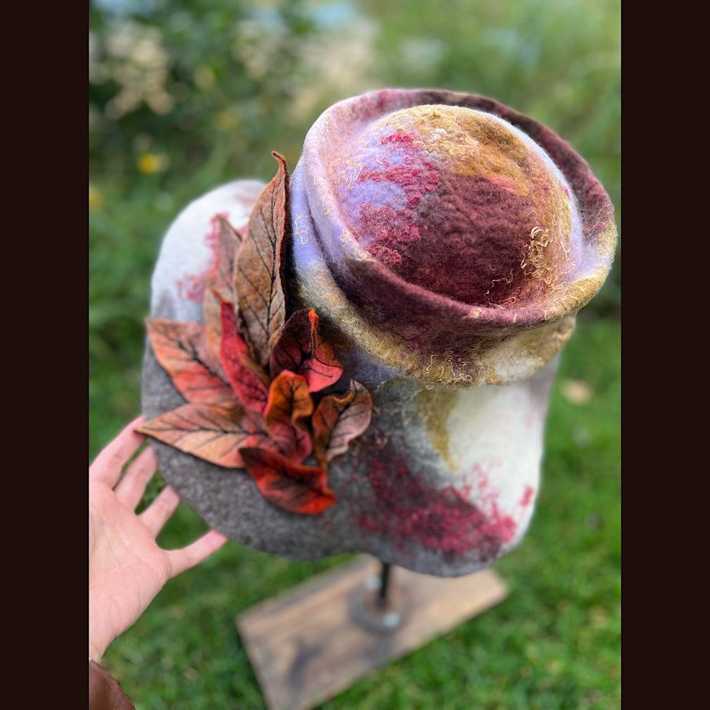 Felted top hat with leaves 24” medium large