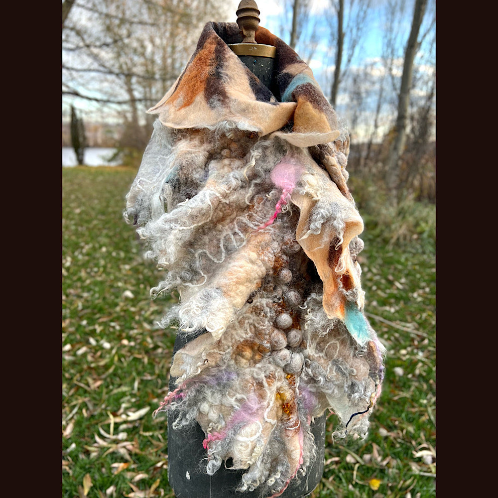 L’Esprit du bois 2024  felted shawl 72” X 22”