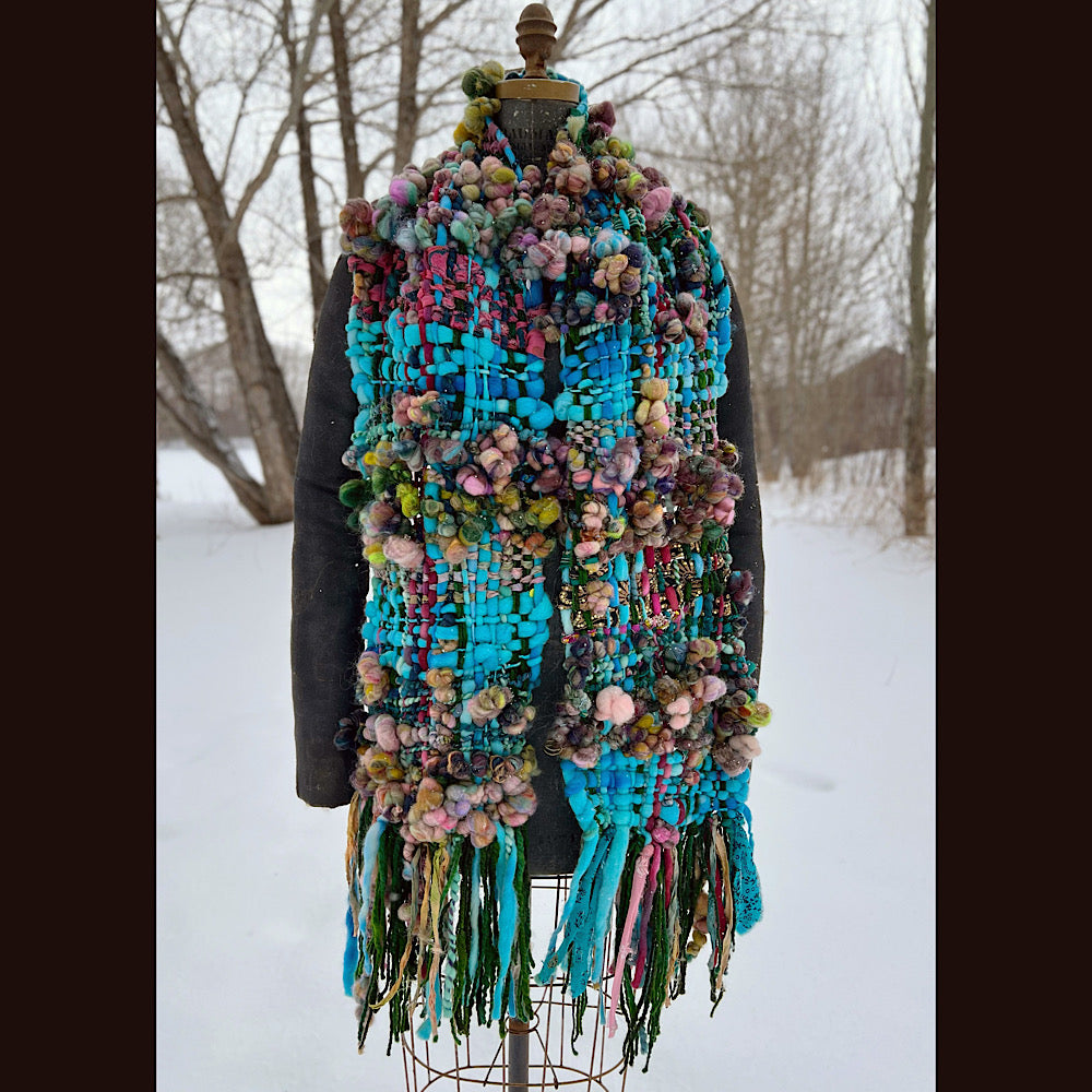 Woven scarf made of hand spun yarn 84” X 10”