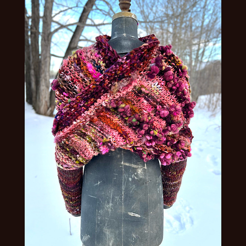 Knitted scarf made of hand spun yarn Flower included 84” X 14”