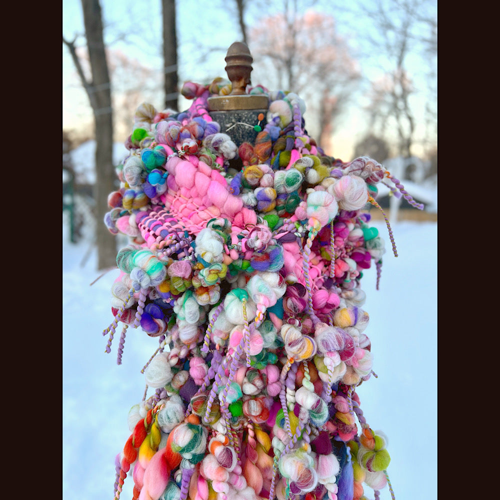 Frosted primroses woven art yarn Scarf 102” X 8” 1.6 pound!