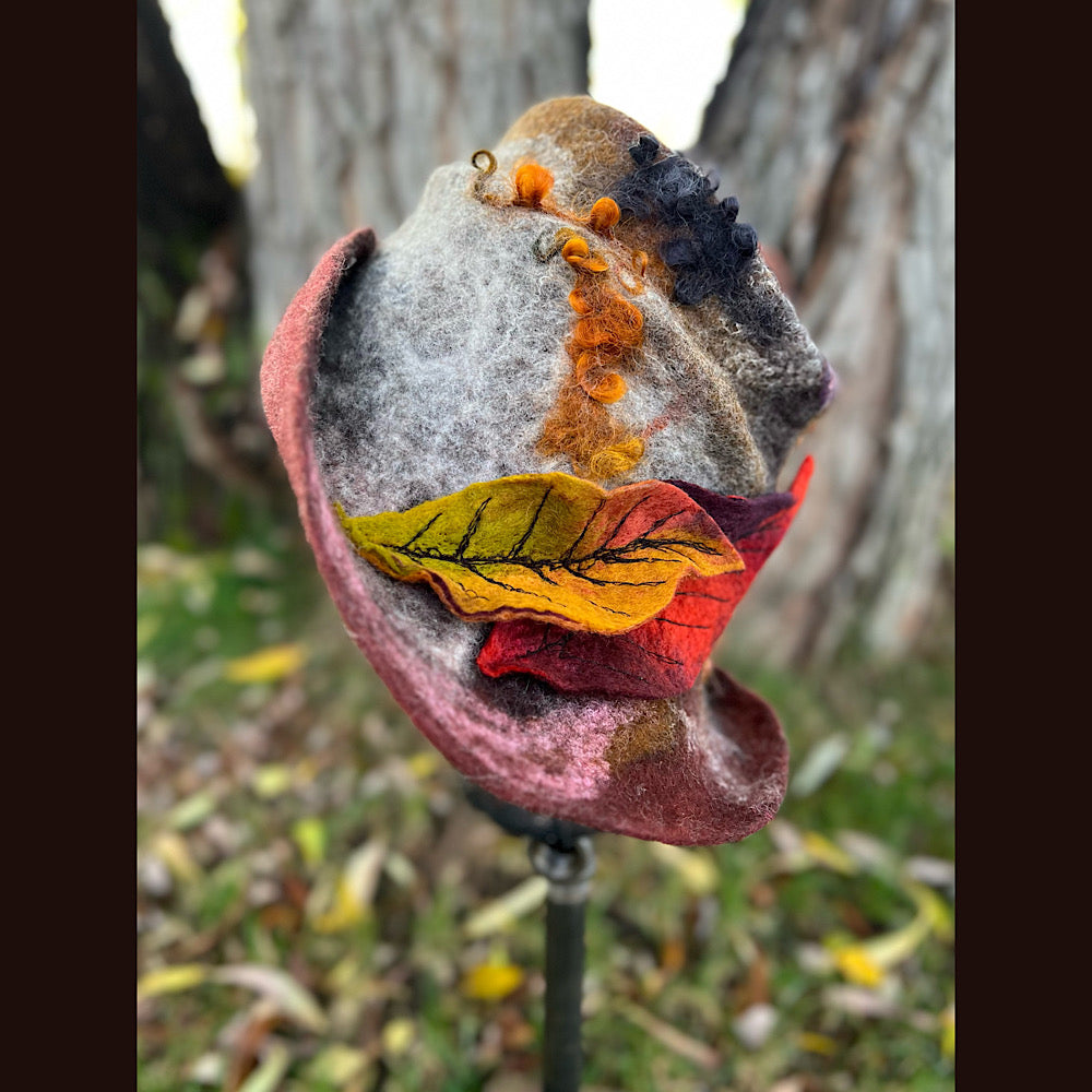 Felted top hat with leaves 24” medium large