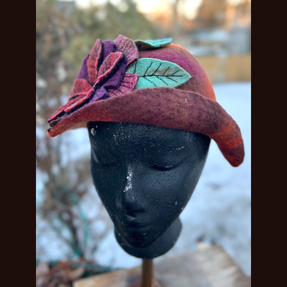 Felted mini cloche hat with flower 22” small