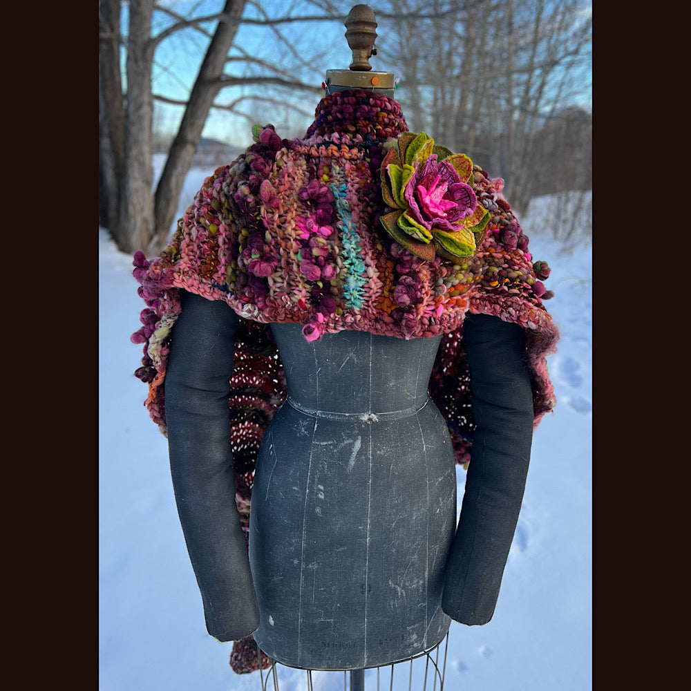 Knitted scarf made of hand spun yarn Flower included 84” X 14”