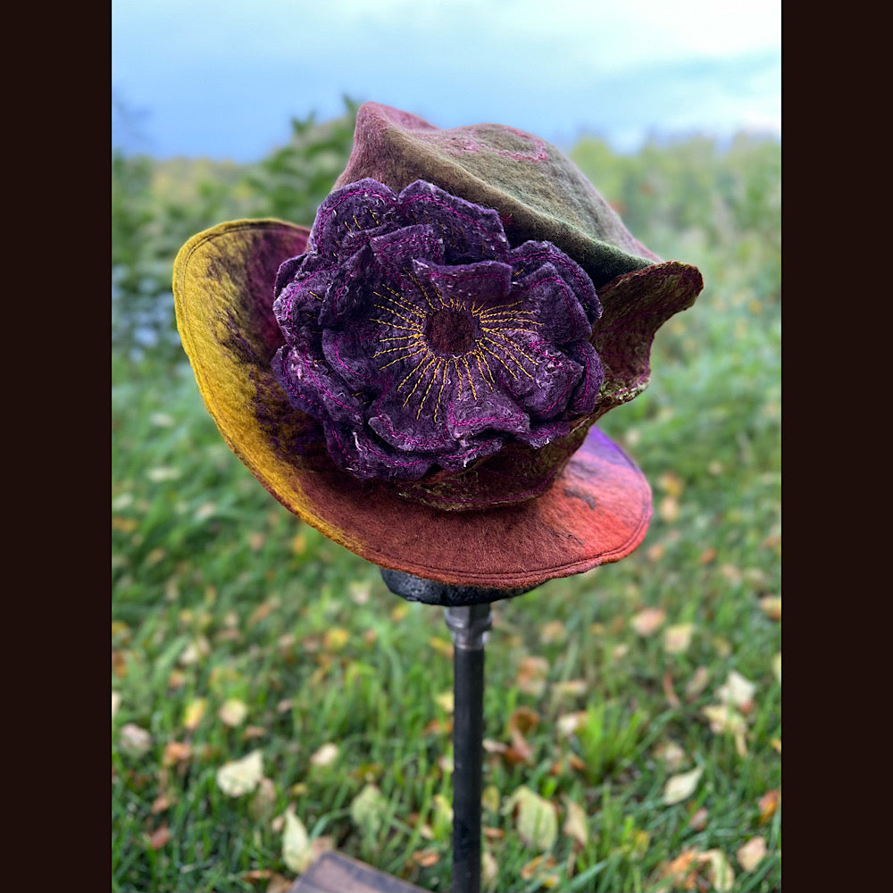 Felted top hat with rose 23.5” medium