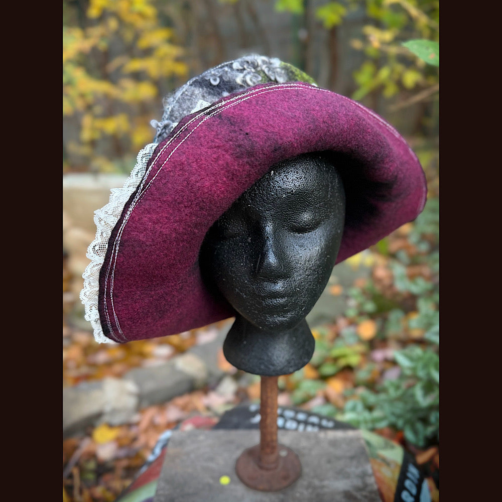 OOAK Handmade wool Felted hat 23.5” medium