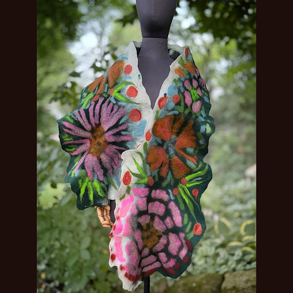 OOAK Handmade wool Felted Scarf 76” X 14”Original art work