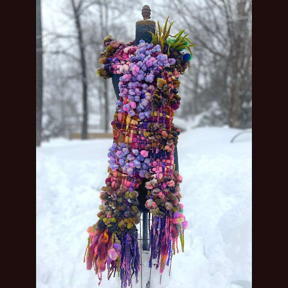 Velvet roses  woven art yarn Scarf 102” X 7 1/2”