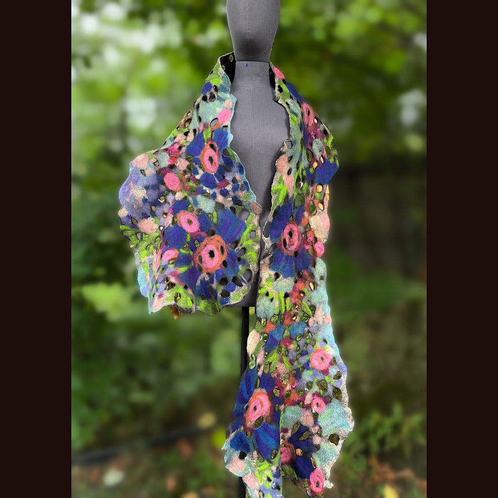 OOAK Handmade wool Felted Scarf 90” X 17”Original art work