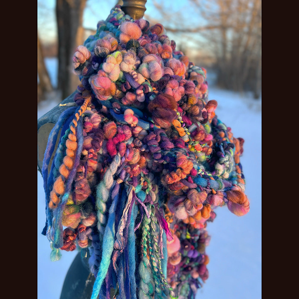 “Glorious innocence “ Woven scarf made of hand spun yarn 84” X 10”