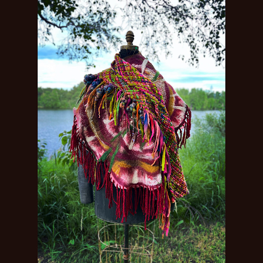 Woven shawl with felted rose 70” X 25”
