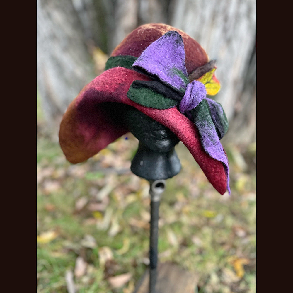 Felted cloche hat with leaves and bow 24” medium large