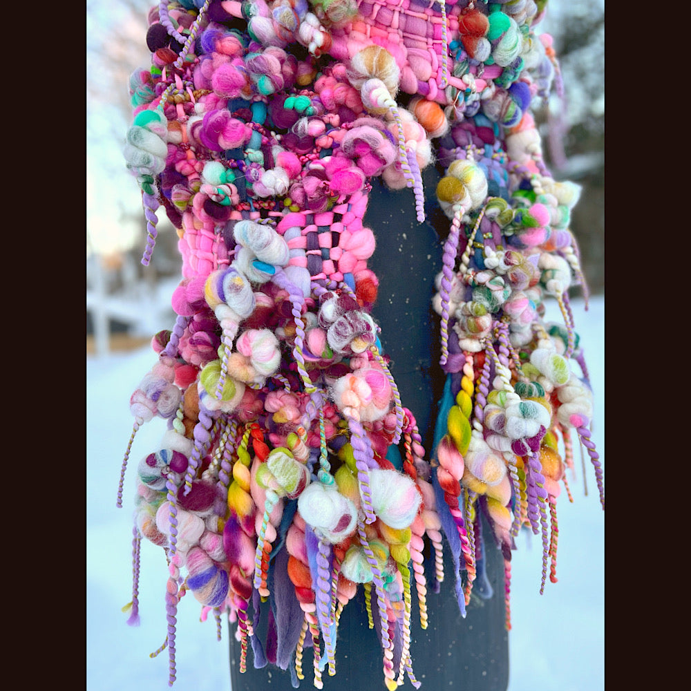 Frosted primroses woven art yarn Scarf 102” X 8” 1.6 pound!