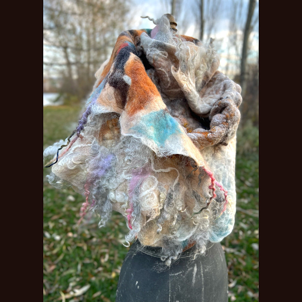 L’Esprit du bois 2024  felted shawl 72” X 22”