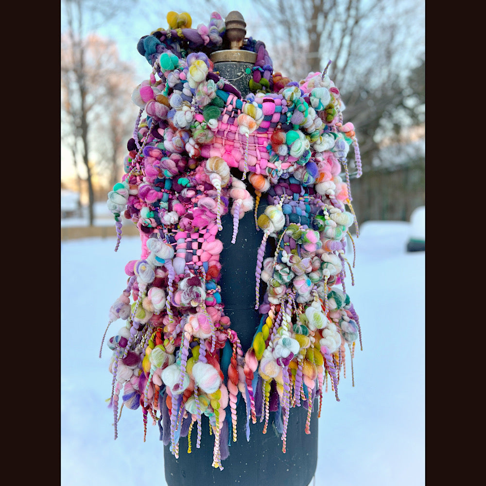 Frosted primroses woven art yarn Scarf 102” X 8” 1.6 pound!