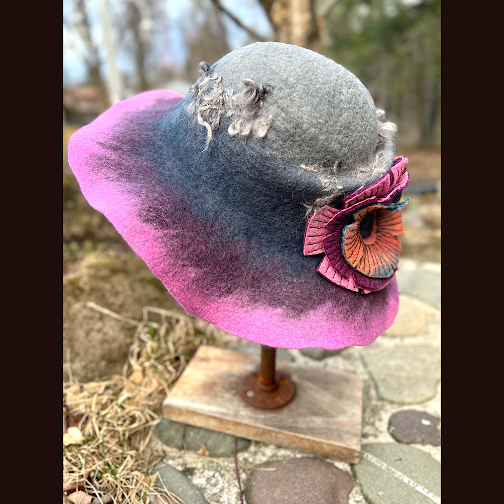 Felted top hat with rose 23” 1/2 medium