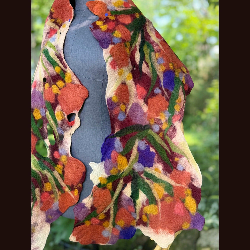 OOAK Handmade wool Felted Scarf 76” X 14” Original art work