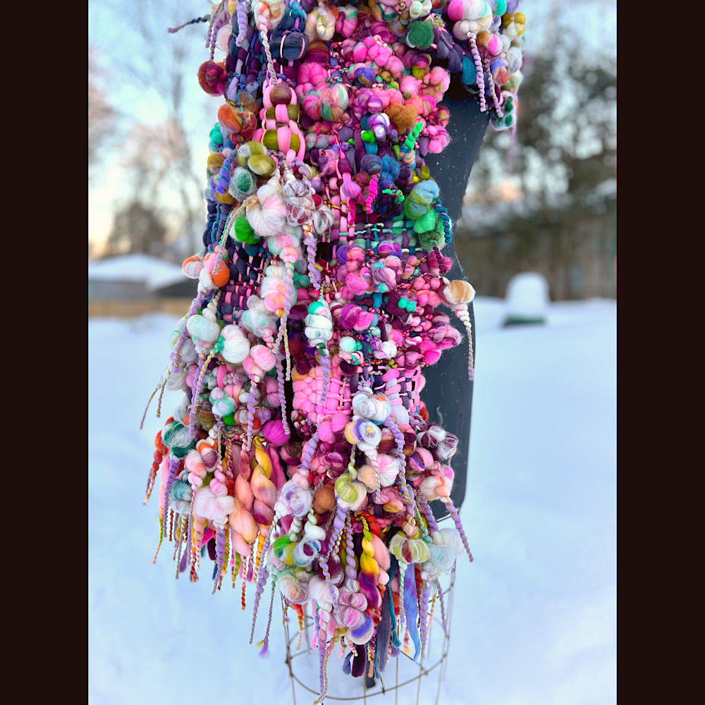 Frosted primroses woven art yarn Scarf 102” X 8” 1.6 pound!