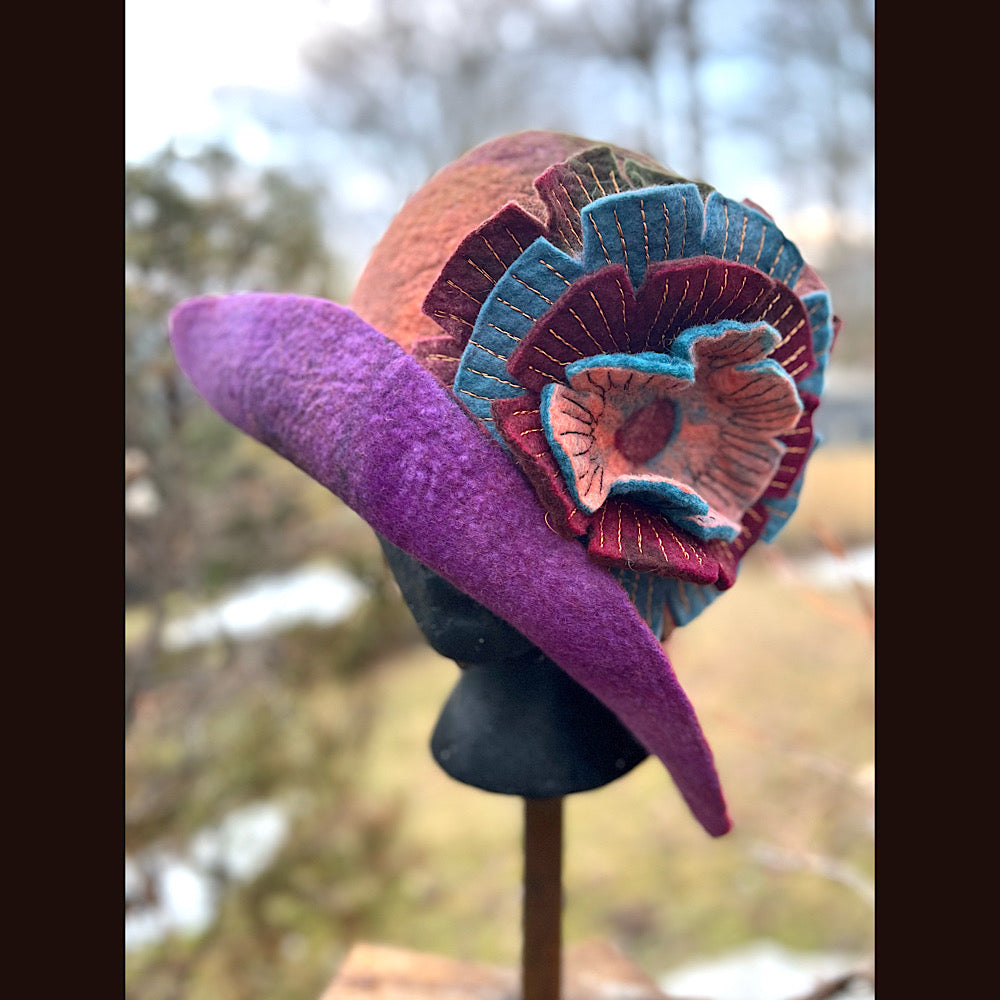 Felted cloche hat with flower 23” 1/2 medium