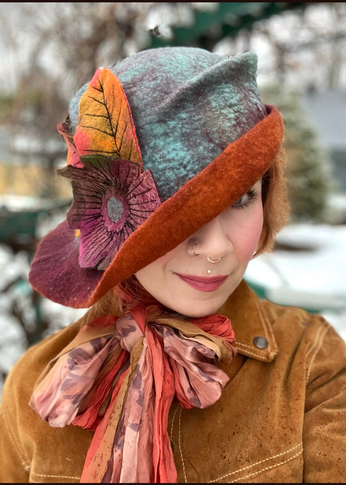 Felted top hat with flower 23” 1/2 medium