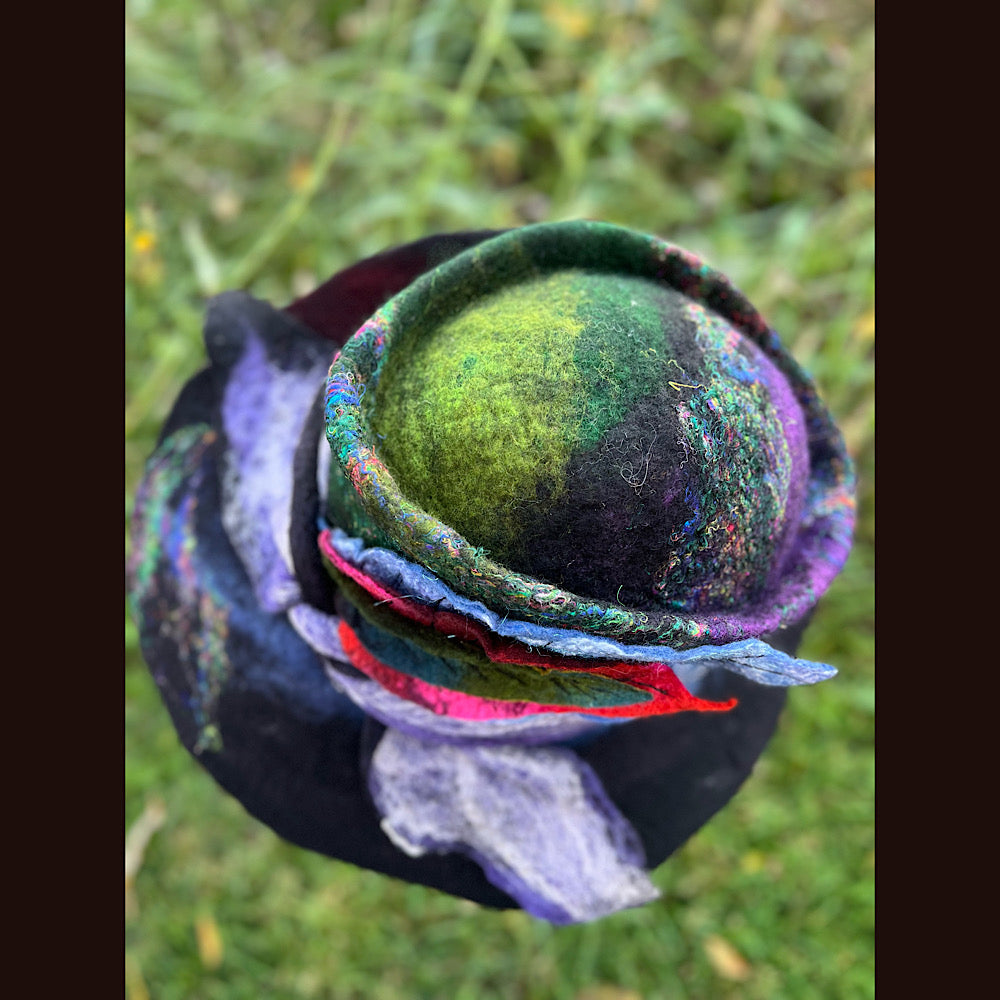 Felted top hat with leaves 23.5” medium