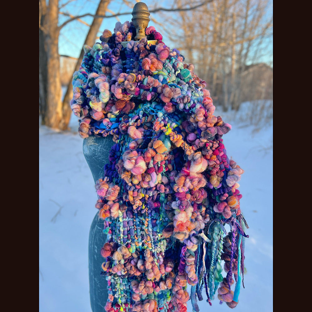 “Glorious innocence “ Woven scarf made of hand spun yarn 84” X 10”