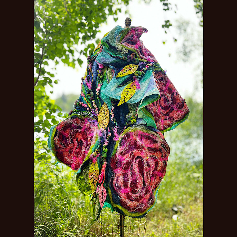 Wild Roses Large Felted Shawl 80” X 30”