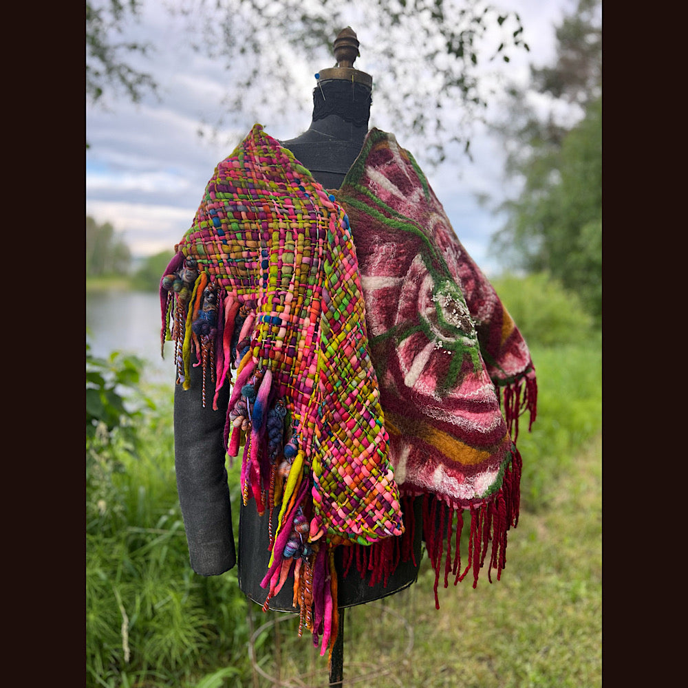 Woven shawl with felted rose 70” X 25”